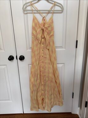 Free People Tie-Front Button Maxi Dress in Yellow and Peach Plaid